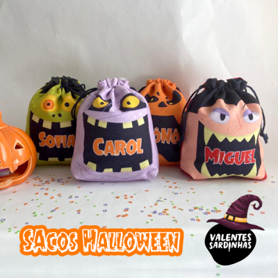 Sacos Halloween de tecido com rosto de monstro e nomes personalizados