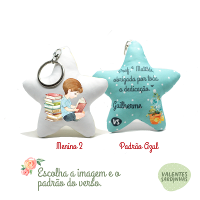 Llavero de tela con ilustración de niño leyendo y texto en portugués