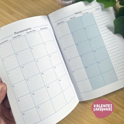 Planner aberto com calendário mensal e área de notas numa mesa de madeira clara