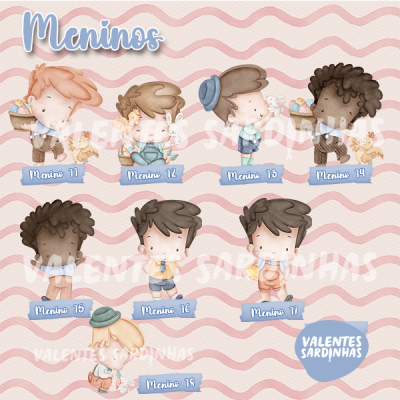 Ilustração infantil com sete meninos diferentes em fundo cor-de-rosa com texto e etiquetas numéricas.