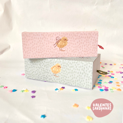 Duas caixas decorativas com desenhos de pássaros sobre fundo branco com confetes coloridos