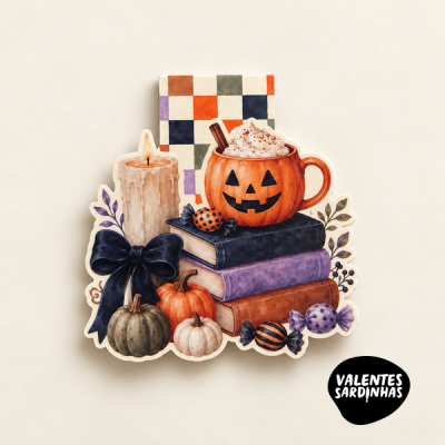 Adesivo decorativo com elementos de Halloween como vela, abóboras, livros e doces.