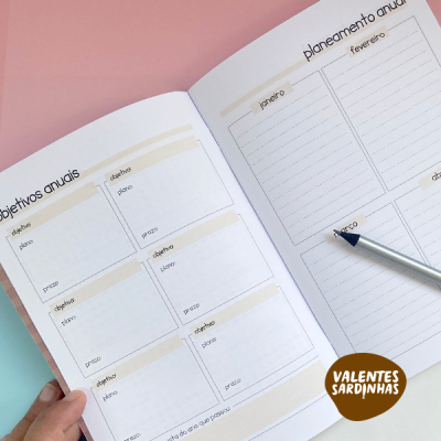 Planner aberto com secções para objetivos anuais e planeamento anual para janeiro e fevereiro