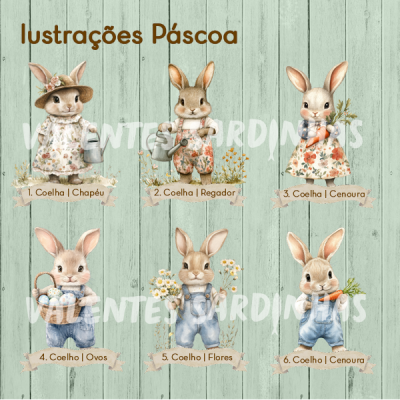 Seis ilustrações de coelhos em fundo de madeira verde com roupas e acessórios de Páscoa