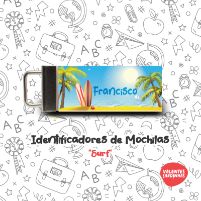 Identificador de mochila com design de praia e prancha de surf, com nome Francisco.