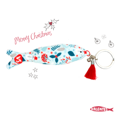 Chaveiro em forma de peixe de tecido com padrão floral colorido e tassel vermelho para porta-chaves