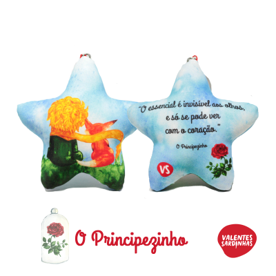 Almofada em forma de estrela com ilustração do Principezinho e texto em português