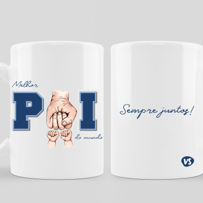 Conjunto de duas canecas brancas com texto e imagens em azul e cor de pele