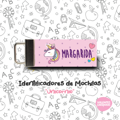 Identificador de mochila rosa com unicórnio e nome Margarida