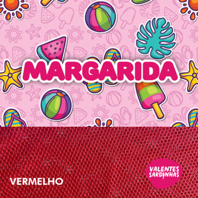 Embalagem do produto Margarida com padrão colorido de verão e textura vermelha