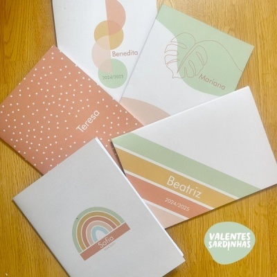 Cinco cadernos coloridos com nomes e padrões em tons pastel dispostos sobre uma superfície de madeira