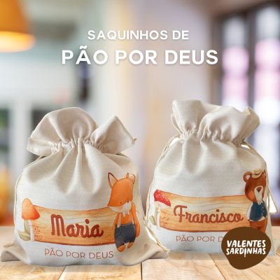Dois saquinhos de algodão para pão com nomes Maria e Francisco e desenhos de raposa e urso