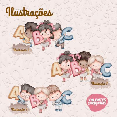 Desenhos infantis de crianças a segurar letras ABC com texto e selo Valentes Sardinhas