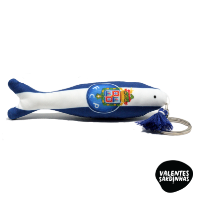 Porta-chaves sardinha azul e branca com brasão de Portugal e tassel azul