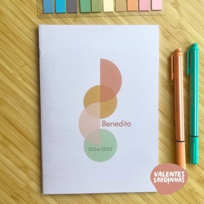 Caderno branco com círculos coloridos e texto 'Benedita 2024/2025' sobre mesa de madeira com marcadores e setas de marca páginas