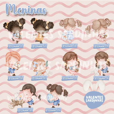 Ilustrações de dez meninas com coelhos, fundo rosa com ondas e texto Meninas e Valentes Sardinhas