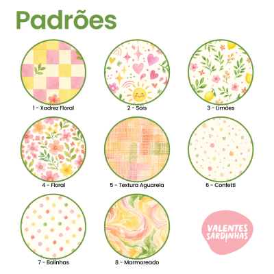 Oito padrões de design em círculos com borda verde e nomes em português, com texto Padrões no topo.