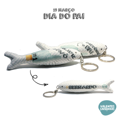 Porta-chaves em forma de sardinha com padrão de notas euro e personalização
