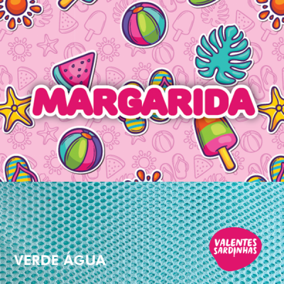 Padrão colorido rosa e azul com textos 'MARGARIDA', 'VERDE AGUA' e 'VALENTES SARDINHAS'