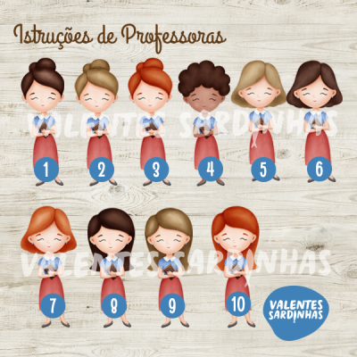 Ilustração colorida de 10 mulheres estilizadas com números e texto em fundo de madeira