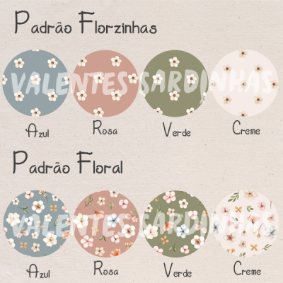 Amostras de padrões florais em círculos coloridos com texto em português