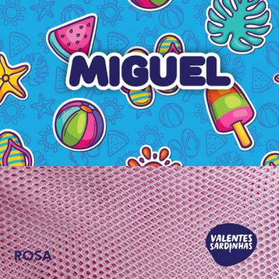 Fundo azul colorido com desenhos veranis e nome MIGUEL com textura rosa em padrão de malha