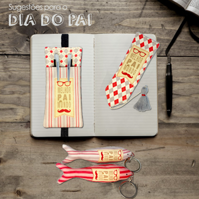 Sugestões para o Dia do Pai com pincéis, estojo, caixa e porta-chaves com etiquetas 