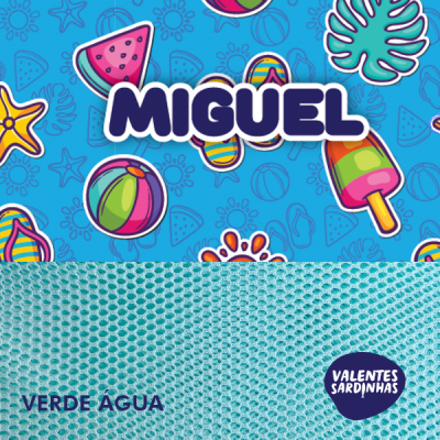 Padrão de verão azul com elementos de praia e texto MIGUEL.
