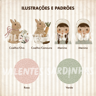 Ilustrações de coelho com ovo, coelho com cenoura, menina e menino, com padrões rosa e verde