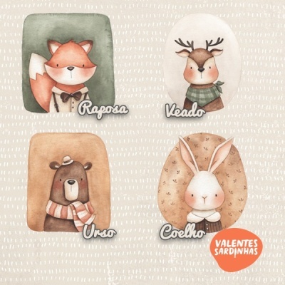 Desenhos aquarela de raposa, veado, urso e coelho com etiquetas e selo laranja