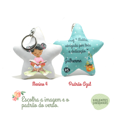 Porta-chaves em forma de estrela com ilustração de menina a ler e porta-chaves azul com texto de agradecimento e flores