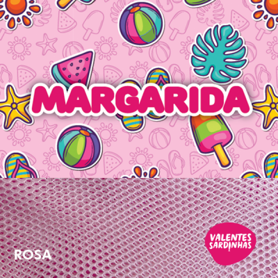 Embalagem rosa com padrão de malha e textos MARGARIDA, ROSA, VALENTES SARDINHAS