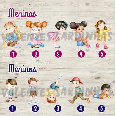 Ilustrações de meninas e meninos em várias poses com números, texto 'Meninas' e 'Meninos' em fundo de madeira.