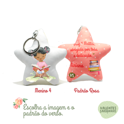 Porta-chaves estrela tecido com menina a ler e texto de agradecimento em rosa