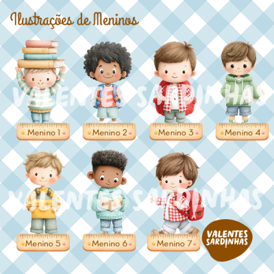 Ilustrações de sete meninos em estilo infantil com números e fundo azul claro em padrão de losangos