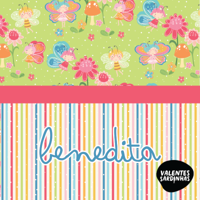 Papel de embrulho colorido com fadas e riscas verticais com texto benedita