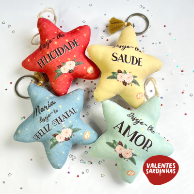 Porta-chaves estrela de tecido em várias cores com mensagens em português