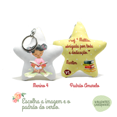Porta-chaves em forma de estrela com ilustração de menina a ler e texto de agradecimento para prof.