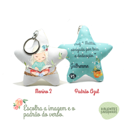 Chaveiros estrela em tecido com desenho de menina e texto de agradecimento