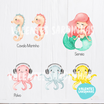 Ilustração aquarelada de cavalos-marinhos, sereia e polvos com headphones, texto em português.