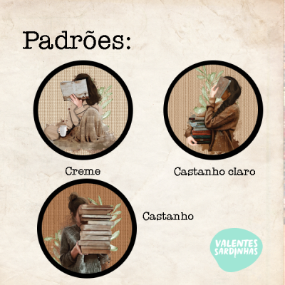 Três fotos circulares de pessoas com roupas castanhas, segurando livros, sobre fundo bege com textos 'Padrões:', 'Creme', 'Castanho claro', 'Castanho' e logo VALENTES SARDINHAS.