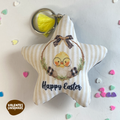 Chaveiro estrela tecido riscas estampado pintainho Happy Easter