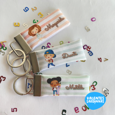 Três porta-chaves bordados com personagens e nomes sobre fundo branco com números coloridos