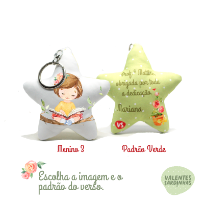 Porta-chaves tecido estrela com ilustração menina e mensagem agradecimento