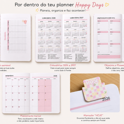 Páginas abertas de planner Happy Days com seções organizadas e marcador HOJE cor-de-rosa.