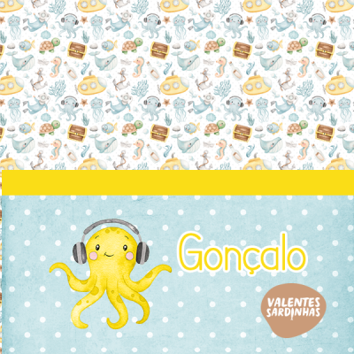 Imagem com padrão de fundo do mar e polvo amarelo com auscultadores e texto Gonçalo e Valentes Sardinhas