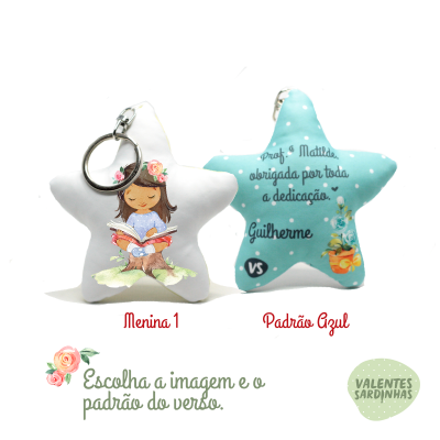 Chaves pendentes em tecido com forma de estrela, uma com menina a ler e outra com texto de agradecimento.