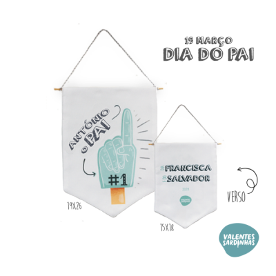 Dois pendurais de tecido branco para Dia do Pai com texto e mão foam finger verde