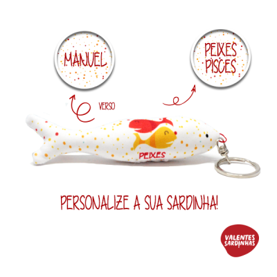Chaveiro em forma de sardinha branca personalizada com texto