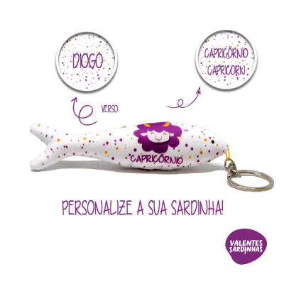 Porta-chaves em forma de sardinha com desenho e texto personalizados